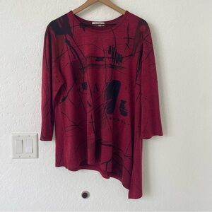 Jess Jane Women Asymmerical Tunic Top XL Lagenlook Artsy Abstract 3/4 Sleeve Red
